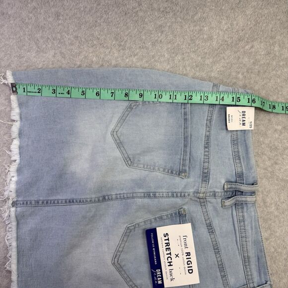 YMI Dream Fit Denim Mini Skirt 1/25 Blue Raw Hem Distressed Jean Pockets Stretch - Picture 8 of 12